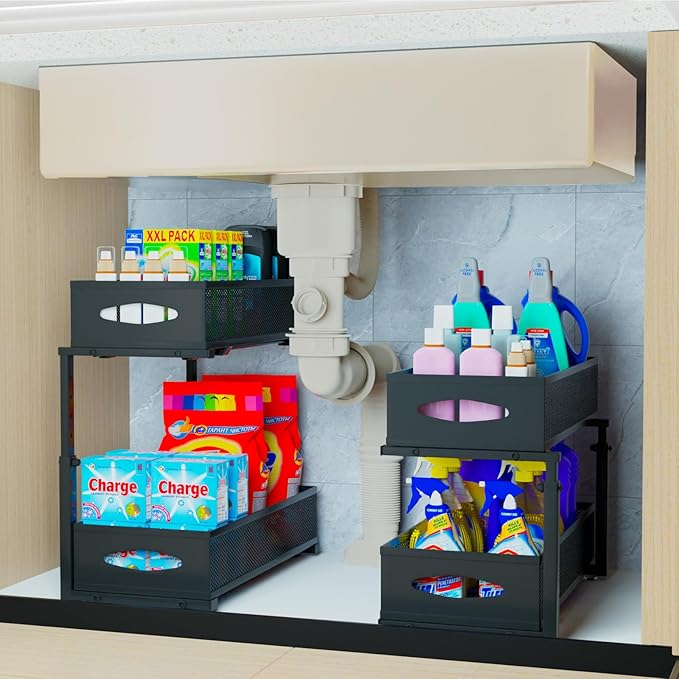 2 Pack Under Sink Organizer,2 Tier Pull Out Sink Shelf,Cabinet Organizer Shelves,Under Sink Shelf,Metal Sliding Drawer Storage for Kitchen Bathroom,Height Adjustable,Black