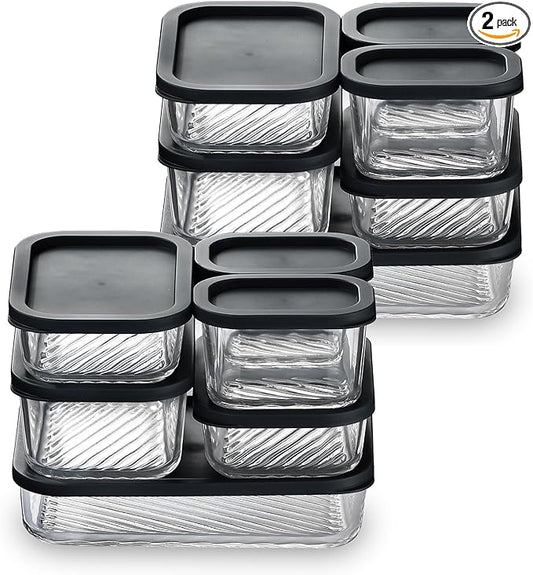 EATEX 12 Pack Glass Meal Prep Containers with Grooved Base, 12 Stackable BPA Free Glass Storage Containers with Lids for Lunch, Pantry, and Kitchen - Microwave, Dishwasher Freezer & Oven Safe - Black