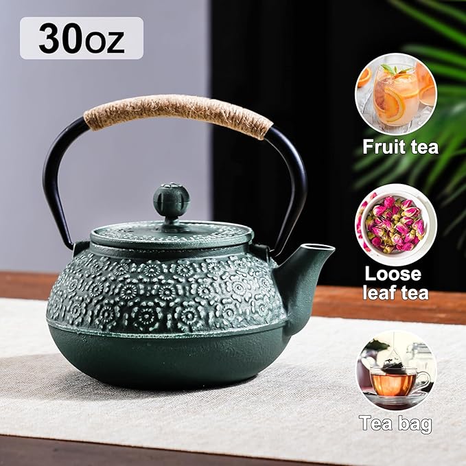 PARACITY Cast Iron Teapot Japanese 30.5 OZ,Tea Kettle Pot for Stove Top,Tea Pot with Stainless Steel Infusers for Loose Tea,Boiling Hot Water Tea, Mothers Day Gifts from Daughter/Son (Green)