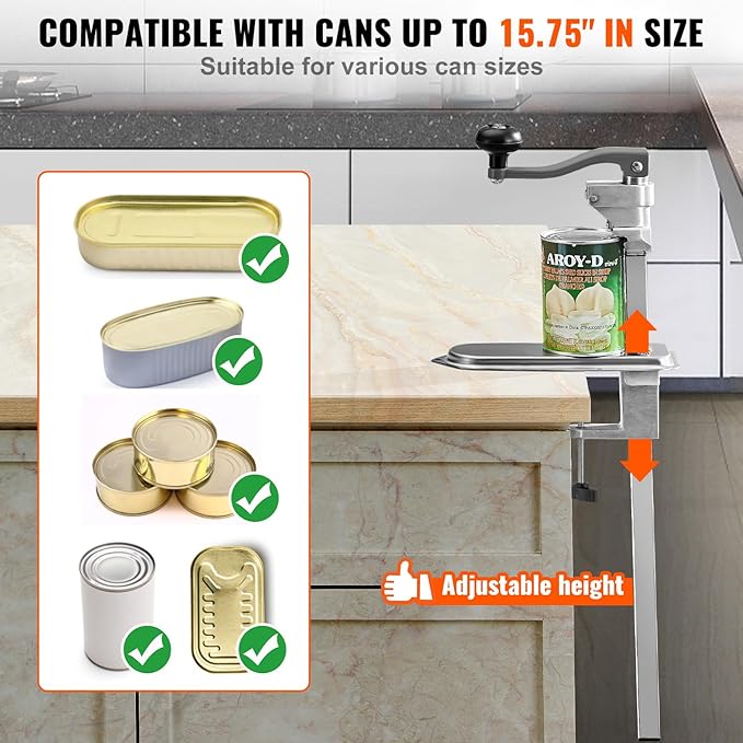 VEVOR Commercial Can Opener, Heavy-Duty Manual Tabletop Cans Opener for Cans Up to 15.75 in Height, Height-Adjustable Can Openers Fixed with Screws & Table Clamp, for Restaurant, Hotel, and Food Store