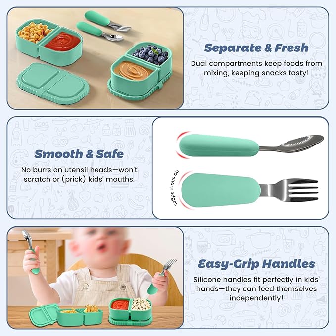 Silicone Snack Containers for Kids (8.5Oz, 2-Compartment)+ Kids Silicone Cutlery Set (Spoon and Fork) - BPA Free, Leak Proof, Great for Toddler/Kid/Adult Meal Prep Containers (green)