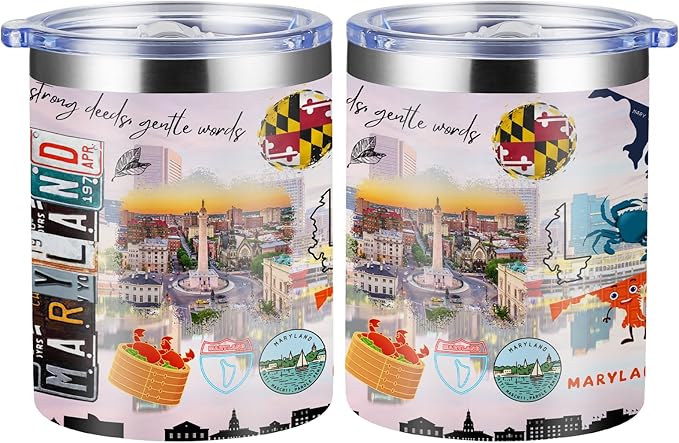 12oz Coffee Mug Maryland State Insulated Coffee Cups, United States Map Travel Mug Landmark, Birthday Gifts Cute Mugs with Lid and Straw Mothers Day Gifts