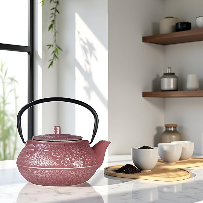 27oz Small Cast Iron Teapot, SECHUDO Pink Tea Kettle for Stovetop, Japanese Tea Pot with Stainless Steel Infuser for Loose Tea, Enameled Interior, Good Gift for Tea Lovers(800ML)