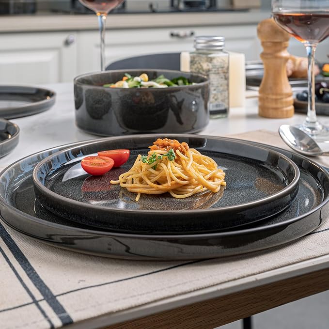 Stoneware Dinnerware Sets, Plates and Bowls Set for 4, 12-Piece Modern Stoneware Dinnerware – Chip Resistant, Non-Toxic, Dishwasher and Microwave Safe Tableware，Matte Black