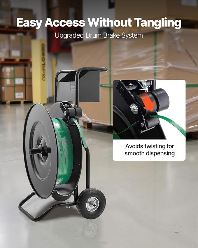 VEVOR Banding Strapping Cart, Fit for PET/PP/Steel Strapping Coils with 8 or 16 inches Core Size, Heavy Duty Strapping Dispenser Equipped with Upgrade Drum Brake, Built-in Spacious Tray for Tools