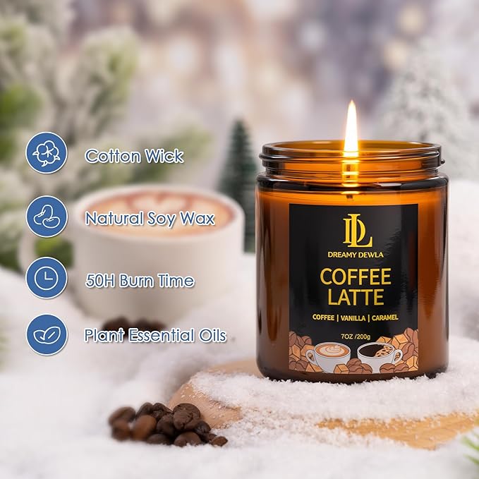 Winter Candle Coffee Latte Scented, Natural Soy Candles for Home Scented, 7oz Holiday Candle with 50hr Burn Time, Aromatherapy Candles Winter Holiday Gifts for Women Men
