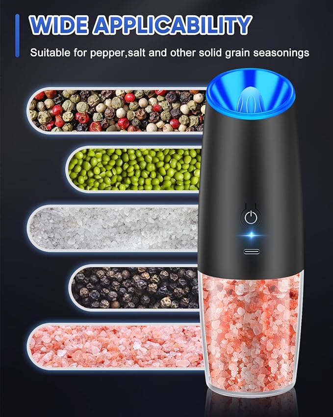RECHARGEABLE - Gravity Electric Pepper and Salt Grinder Set, Adjustable Coarseness, With LED Light, One Hand Automatic Operation, Stainless Steel Black, (2 Pack Black)