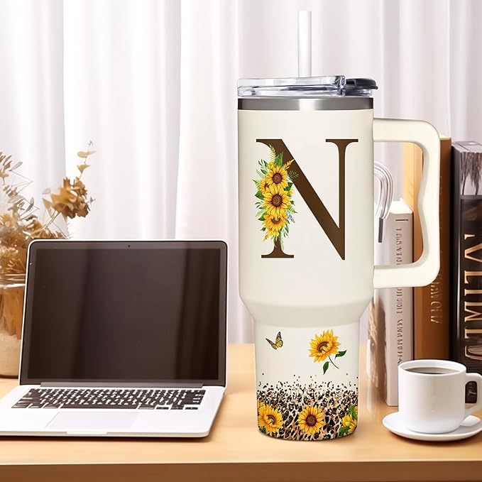 Personalized Birthday Gifts For Women - Sunflowers Monogrammed Cup For Boss Day, Christmas - Customized Gifts For Women, Mom, Wife, Coworkers, Boss Lady, Her - Custom Tumbler With Handle 40oz