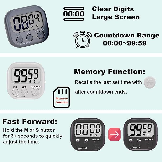6-Pack Digital Kitchen Timer, 99-Min 59-Sec Countdown & Stopwatch, Loud 100dB Alarm, Strong Magnet, Power-Saving On/Off Switch, Time Memory, Classic Colors, Multiple Placements, Batteries Included