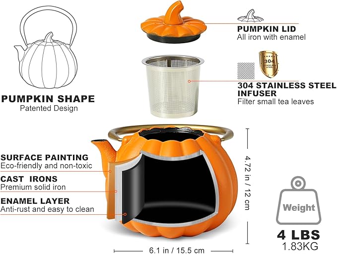 VICSKY Orange Pumpkin Cast Iron Teapot, Natural Pumpkin Color, Japanese Cast Iron Tea Kettle Stovetop Safe with Infuser, Cute Creative Pumpkin Halloween Teapot(40oz/1200ml, Orange)