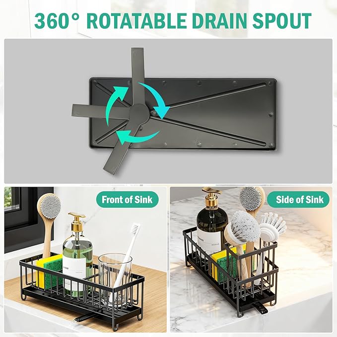Sponge Holder for Kitchen Sink: 4 Pack Sink Caddy Organizer Complete with High Brush Holder & Auto Drain Tray, Stainless Steel Countertop Storage for Soap Dispenser & Dish Brush, Fast Local Shipping