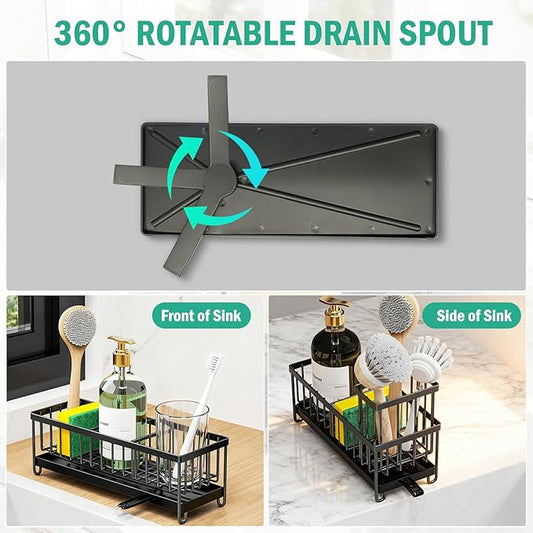Sponge Holder for Kitchen Sink: 4 Pack Sink Caddy Organizer Complete with High Brush Holder & Auto Drain Tray, Stainless Steel Countertop Storage for Soap Dispenser & Dish Brush, Fast Local Shipping