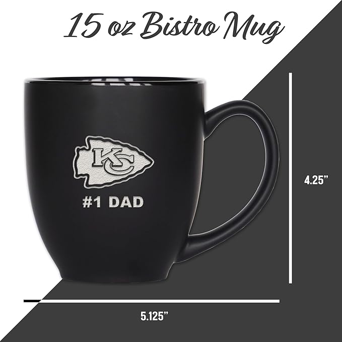 Rico Industries NFL Football #1 Dad 15oz Laser Engraved Matte Black Ceramic Bistro Mug - for Hot or Cold Drinks