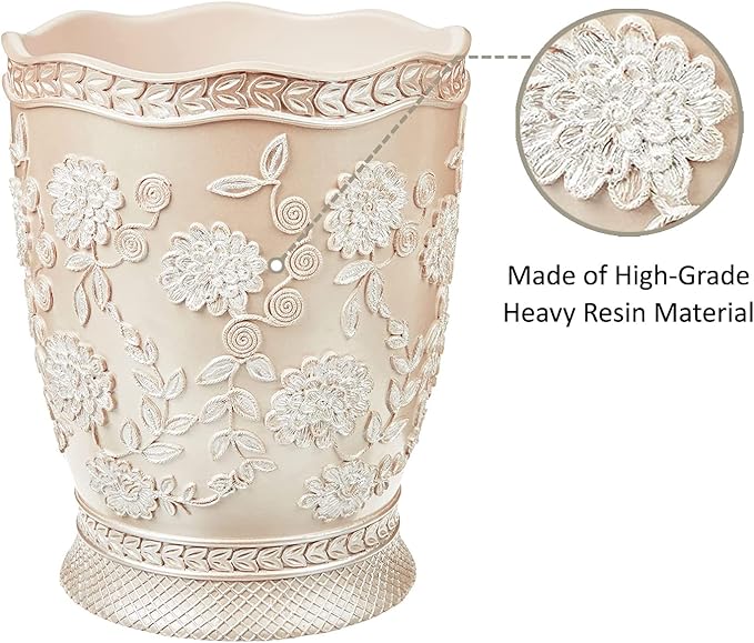 Zahari Home 2pc Rose Vine Bathroom Set Waste Basket & Tissue Cover Modern Classic Decor Stylish Unique Design Beautiful Beige Bathroom Accessories Set