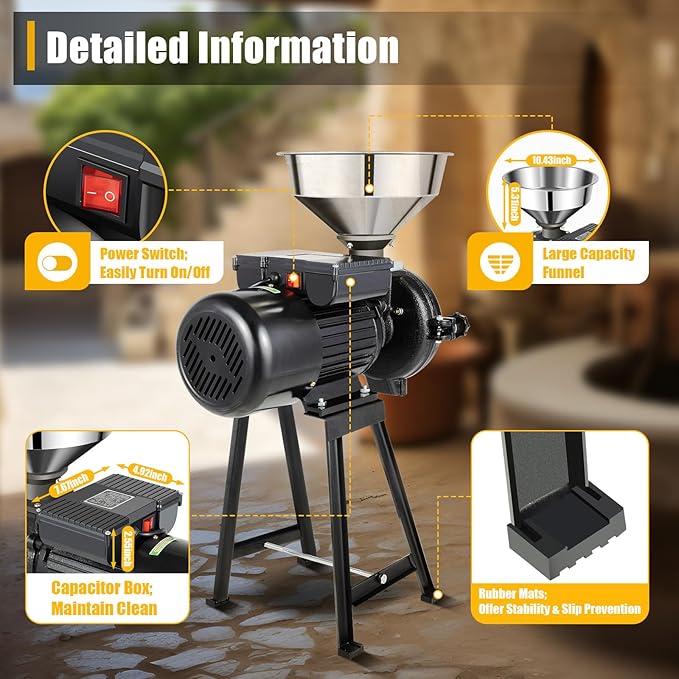 110V Electric Grain Mill, Electric Grain Grinder Stainless Steel Mill 1400R/m Small Electric Grain Grinding Machine Pulverizer Grinder Machine for Kitchen Dry Grains (Black/with Stand)