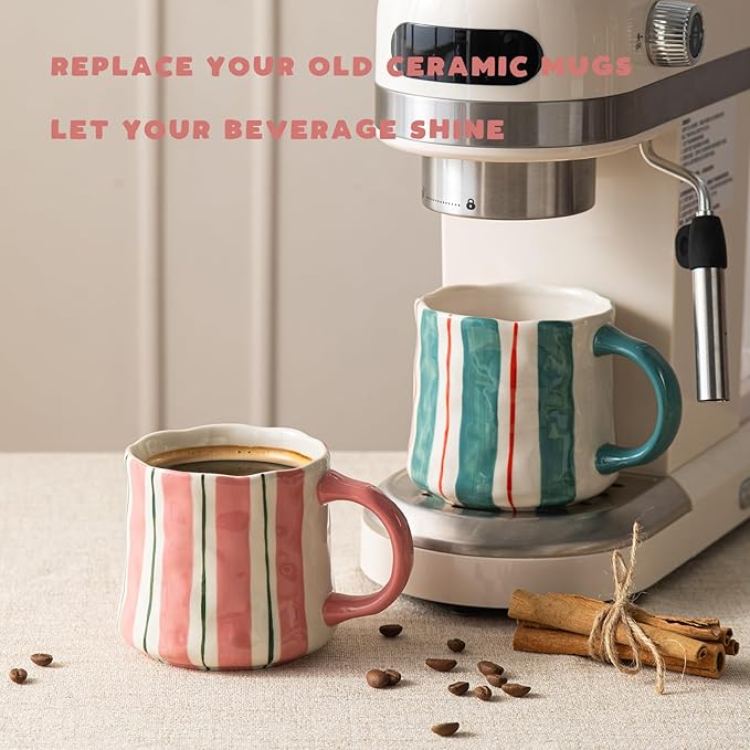 Striped Ceramic Coffee Mugs Set of 2, Pink and Green Stackable Stoneware Mugs for Morning Coffee, Tea & Cocoa, 12oz Dishwasher & Microwave Safe Mug Gift Set for Home & Office