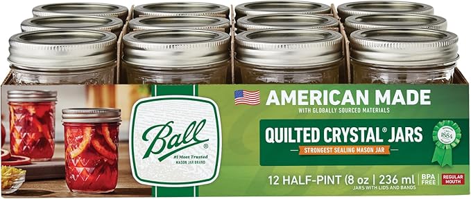Ball Regular Mouth Quilted Crystal Glass Mason Jars with Lids and Bands, Used for Canning, Pickling, Juice, Jam, Jelly, Half Pint Size (Pack of 12)
