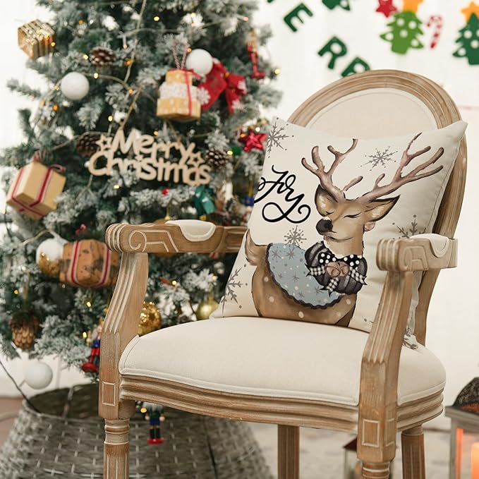 AVOIN colorlife Christmas Snowman Reindeer Gloves Eucalyptus Blue Throw Pillow Covers, 20 x 20 Inch Winter Holiday Stripes Cushion Case Decoration for Sofa Couch Set of 4
