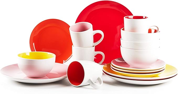 Stoneware Coupe Shape Dinnerware Set, Outside White + Inside (16pc Set, Very Rose)