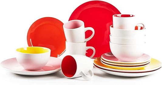 Stoneware Coupe Shape Dinnerware Set, Outside White + Inside (16pc Set, Very Rose)