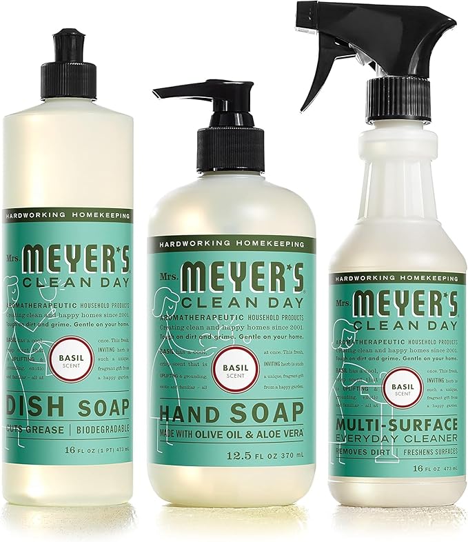 MRS. MEYER'S CLEAN DAY Kitchen Essentials Set, Includes: Hand Soap, Dish Soap, and All Purpose Cleaner, Basil, 3 Count Pack