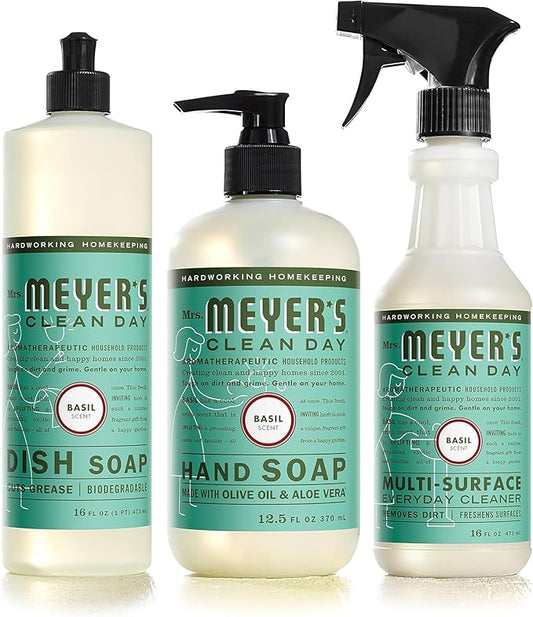 MRS. MEYER'S CLEAN DAY Kitchen Essentials Set, Includes: Hand Soap, Dish Soap, and All Purpose Cleaner, Basil, 3 Count Pack
