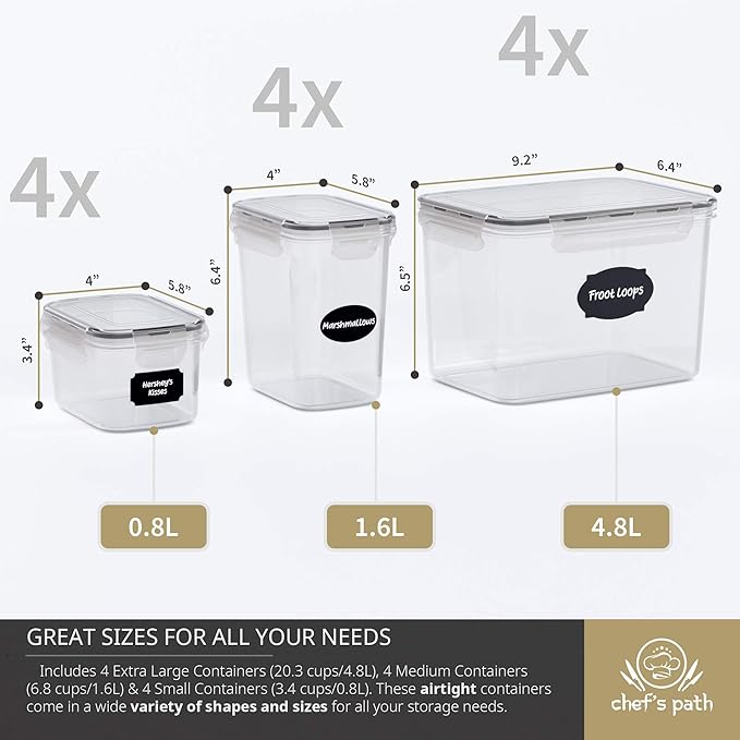 Chef's Path Airtight Food Storage Containers for Pantry & Kitchen Organization (12 PC Set) - BPA Free Bulk Canisters for Baking, Sugar, Flour & Supplies - Baking Storage Containers
