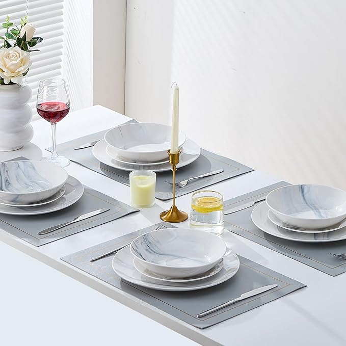 Bestone 12 Pieces Round Kitchen Dinnerware Sets,Plates and Bowls sets,Dishes, Plates, Bowls, Dish Set，Plates and Bowls,Service for 4, Blue and White Marble