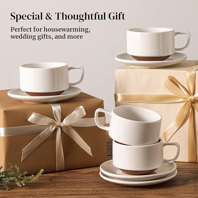 DOWAN 5oz Coffee Cups and Espresso Cups, Stackable Coffee Cup and Saucer Set of 4, Ceramic Tea Cup Set for Latte and Tea