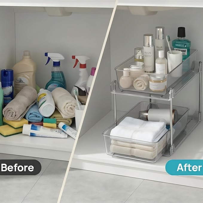 Bathroom Organizers and Storage,2-Tier Clear Under Sink and Pull-Out Cabinet Organizer with Track for Kitchen, Pantry,Vanity Countertop,Medicine Cabinet,Closet Drawers Bins