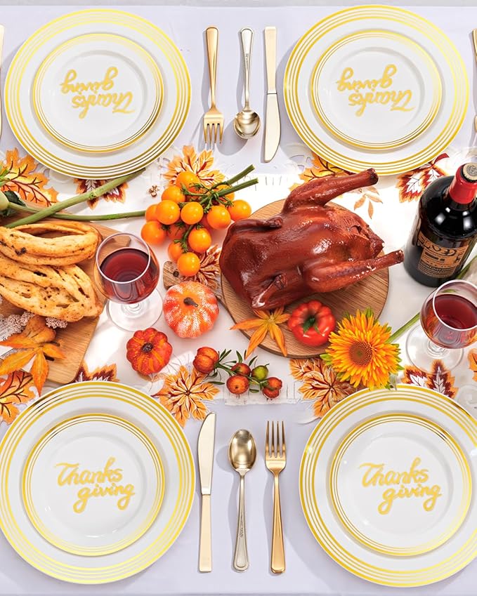 Supernal 60pcsThanksgiving Plastic Plates Disposable Heavy duty,Fancy Disposable Plates,Ivory Plastic Plates with Gold Trim Include 30 Dessert&Dinner Plato for Fall,Party and thanksgiving dinner