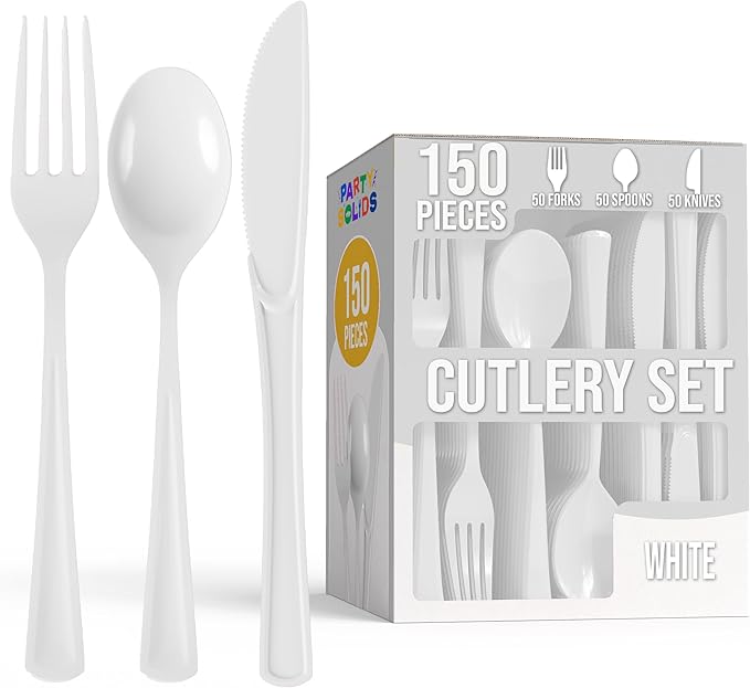 Party Solids White Plastic Silverware Heavy Duty 150 Pieces White Disposable Silverware Heavy Duty, Utensil Sets, 50 Of Each Forks, Knives & Spoons Disposable Cutlery Set For Party Supplies