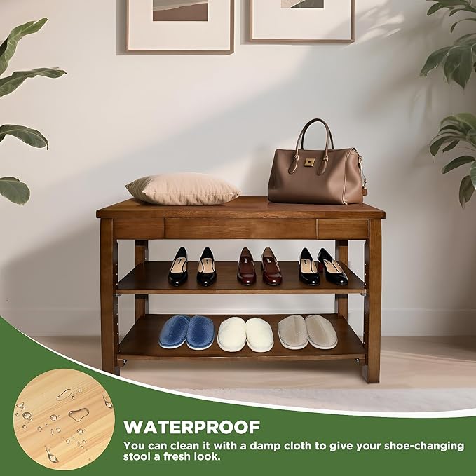 Shoe Storage Bench Wood Entryway: Shoe Rack Bench with Drawer 3-Tiers Height Adjustable,Rustic Wooden Organizer for Front Door Entrance Hallway Living Room,Mudrooms (Walnut 2-Tiers, 31.5")