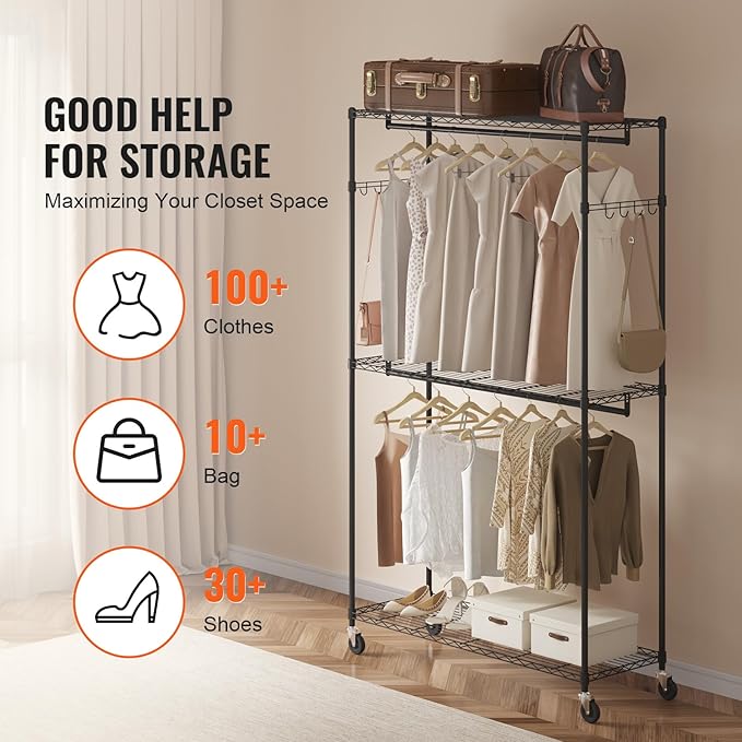 VEVOR Clothing Garment Rack, Heavy Duty Closet Wardrobe, Adjustable Tiers Clothes Racks with Steel Frame, for Bedroom, Clothing Store, Hallway