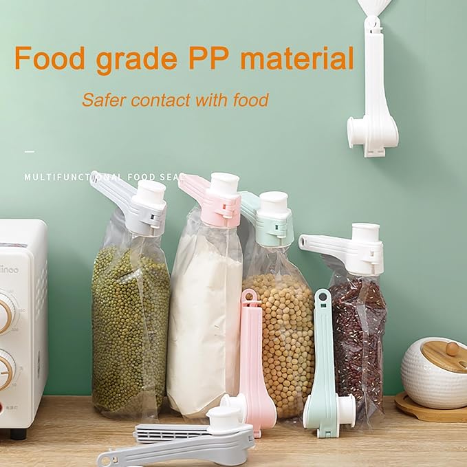 4pcs Bag Spout Clip,for Food,Snack Sealing Clips with Pour Spouts,Kitchen Chip Bag with Adhesive Hooks, for Cereal Kitchen Food Storage Organizer Kit-SMALL