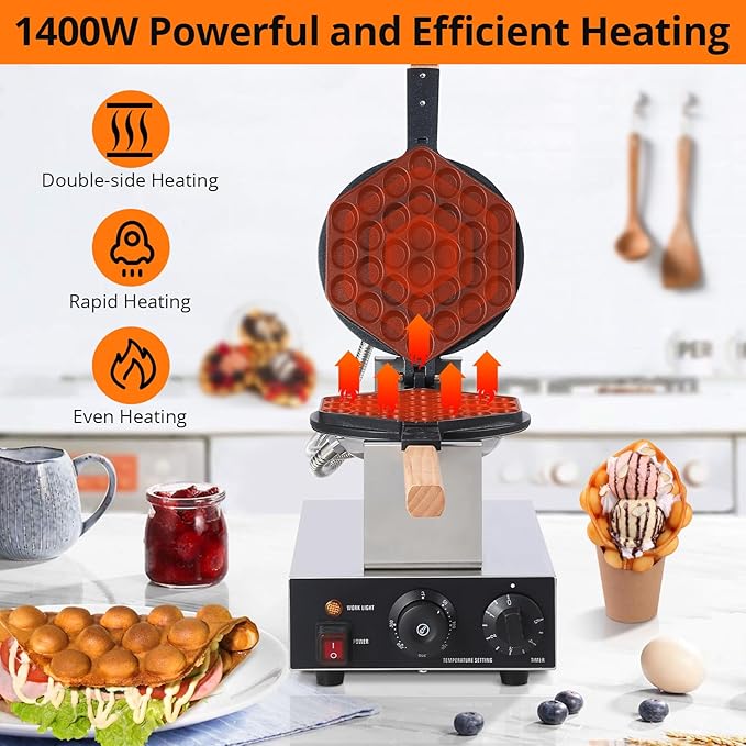 Garvee Electric Bubble Waffle Maker, 2800W Round Waffle Iron Bubble Waffle Maker Non-Stick Egg Machine for Home and Commercial Use, Single