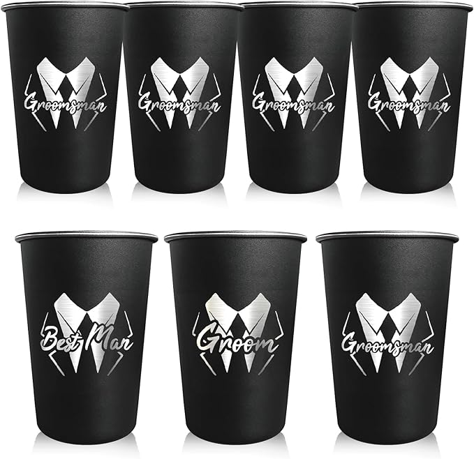 PartyGifts&beyond Groomsmen Gifts 7Pcs Groom Cups 16 Oz Groom Squad Cups for Bachelor Party Favors Stainless Steel Groomsmen Tumbler (LJ-Struggle)