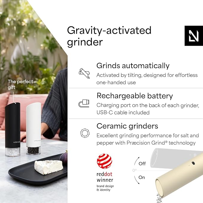LARS NYSØM Gravity Grinder - Electric Salt & Pepper Grinder Set - USB-C Rechargeable Automatic Spice Grinder, Adjustable Coarseness, One-Handed Operation for Kitchen (Almond Beige)