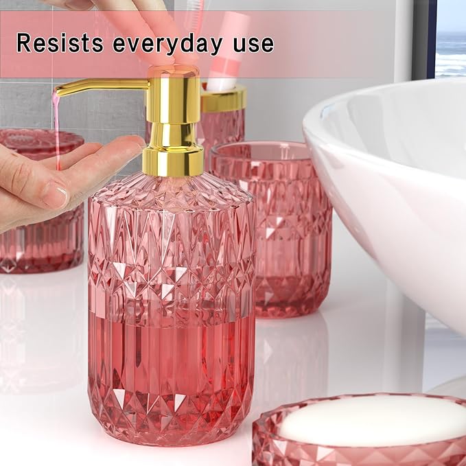 New Pink Bathroom Accessories Set, 5 Pcs Clear Glass Bathroom Accessories Sets with Lotion Soap Dispenser, Soap Dish, Toothbrush Holder, Bathroom Tumbler, Cotton Swab Jars, Perfect for Bathroom Decor