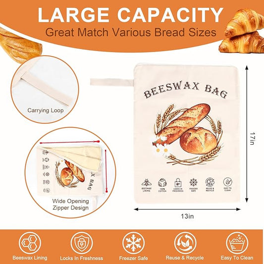 2 Pack Beeswax Bread Bags for Sourdough with L - Shaped Zipper Designed, Large Reusable Sourdough & Homemade Bread Bags - Easier to Use and Clean | Keep Food Freshness Longer