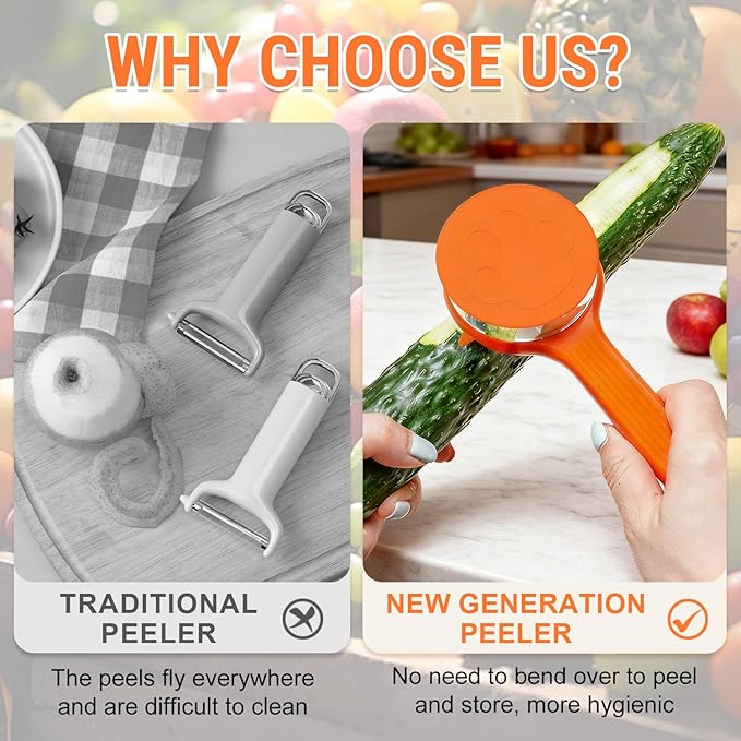 2PCS Kitchen Special Fruit Peeler with Box Storage, Upgrade Vegetable Peeler with Catcher Peeler with Storage Bucket, 2026 New Double-Sided Stainless Steel Multi-Function Peelers (Orange+Blue)