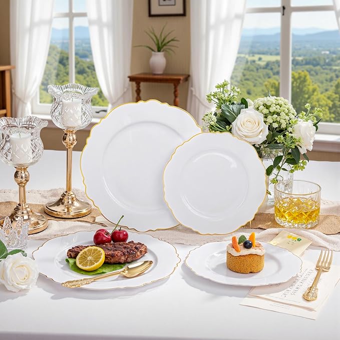 WDF 30Guest Gold Plastic Plates - High-end Baroque Design - 10.25&7.5in Wedding White and Gold Plates Disposable for Christmas Parties/Wedding