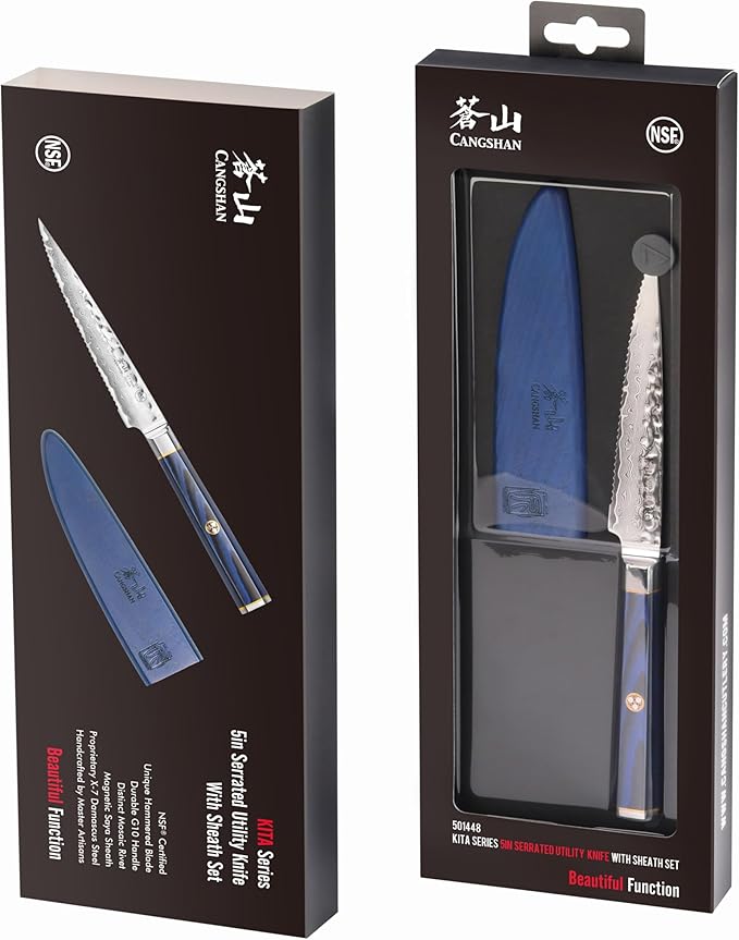 Cangshan KITA Series 5-Inch Serrated Utility Knife with Sheath, High Carbon X-7 Damascus Steel, 501448