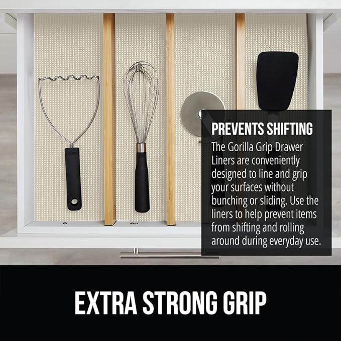 GORILLA GRIP powerGRIP Drawer Shelf and Cabinet Liner, Thick Strong Hold, Non-Adhesive Liners Protect Kitchen Cabinets and Cupboard, Bathroom Drawers, Easy Install, Breathable Mat, 20" x20', Cream