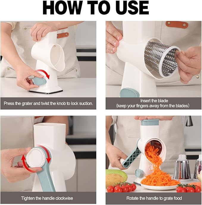 Cheese Grater Cheese Shredder with 3 Interchangeable Blades, Rotary Cheese Grater Manual Vegetable Slicer with Non-slip Suction Base Peanut Nuts Grinder Vegetable Shredder White