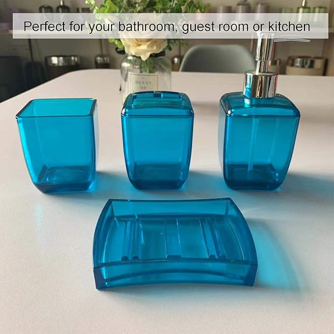 Bathroom Accessory Set, 4PCS Blue Bathroom Accessories Set Include Soap Dispenser, Toothbrush Holder, Soap Dish, Mousewash Cup for Decor