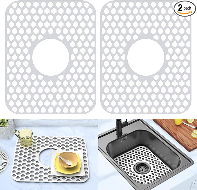 2 Pack Silicone Sink Protector for Kitchen Sink Bathroom, 13.58"x 11.6" Heat-resistant Sinks Mat, Non-Slip and Durable Sinks Protectors Silicone, Center Drain (White)