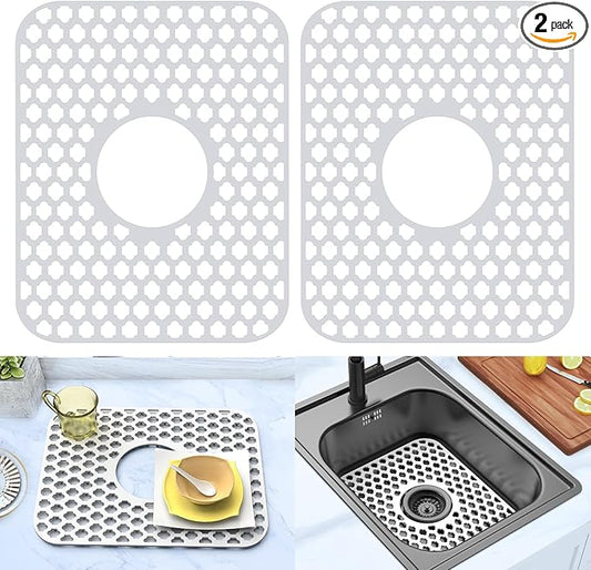 2 Pack Silicone Sink Protector for Kitchen Sink Bathroom, 13.58"x 11.6" Heat-resistant Sinks Mat, Non-Slip and Durable Sinks Protectors Silicone, Center Drain (White)