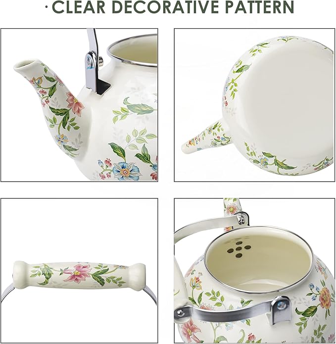 Enamel Teapot floral,Large Porcelain Enameled Teakettle,Colorful Water Tea Kettle pot for Stovetop,Small Retro Classic Design (style01 Growing)