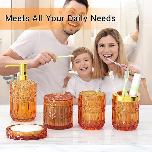 Orange Bathroom Accessories Set, 5 Pcs Clear Glass Bathroom Accessories with Lotion Soap Dispenser, Soap Dish, Toothbrush Holder, Tumbler, Cotton Swab Jars